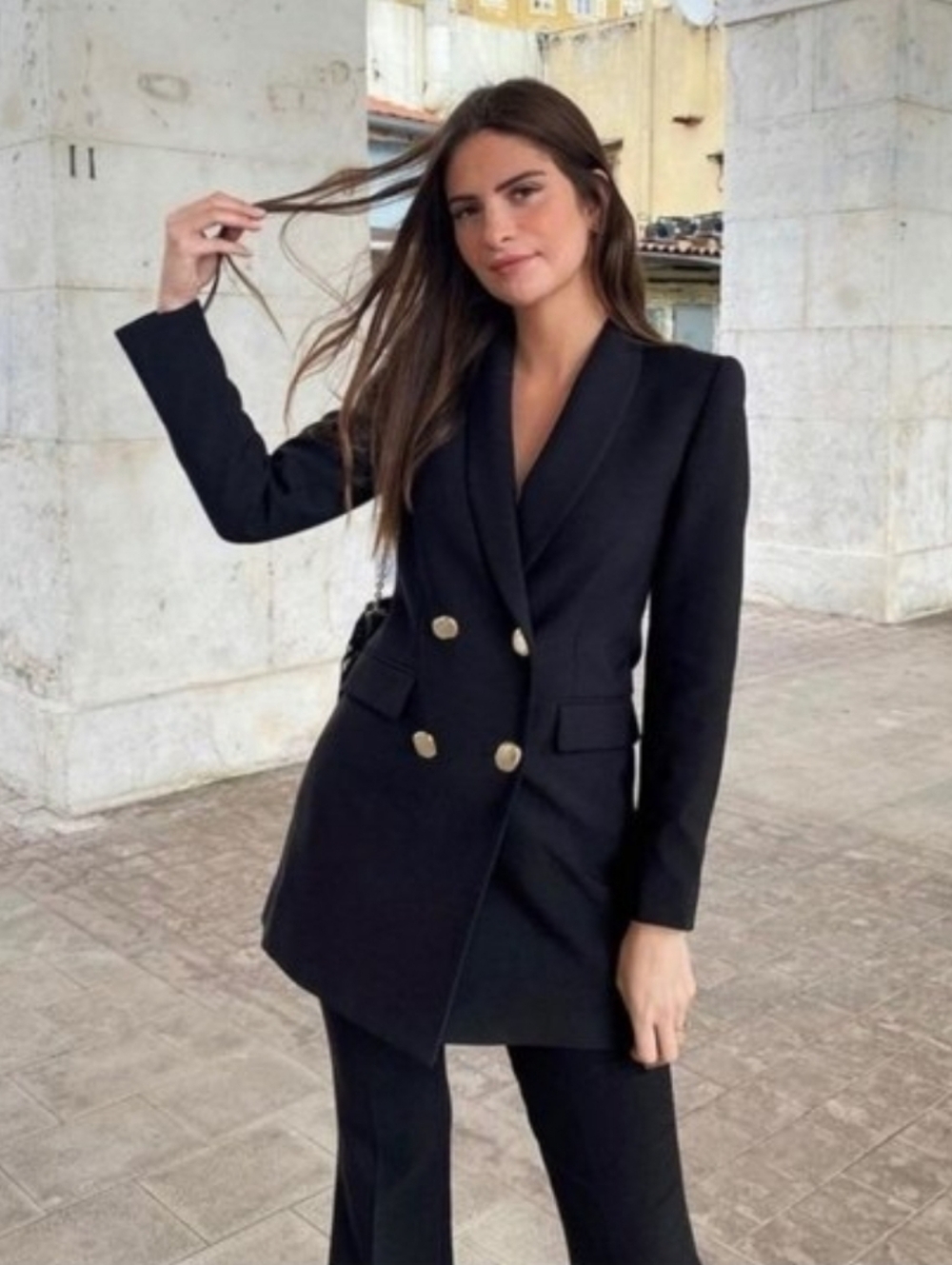 ZARA Double Breasted Long Black Blazer Size S